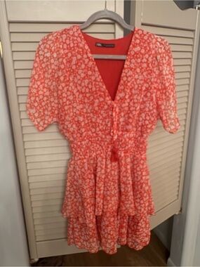 Zara Coral-Pink Floral Tie-Front Mini Dress